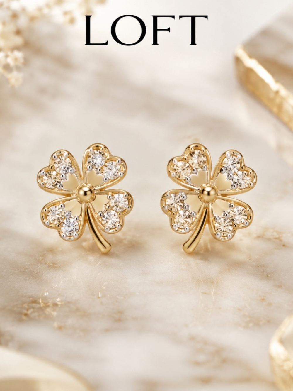Ann Taylor LOFT Gold Four Leaf Clover Crystal Stud Earrings